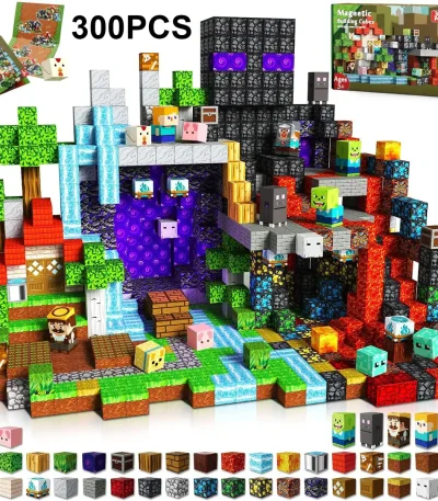 Puzzle de blocs Minecraft avec personnages et éléments de décoration.