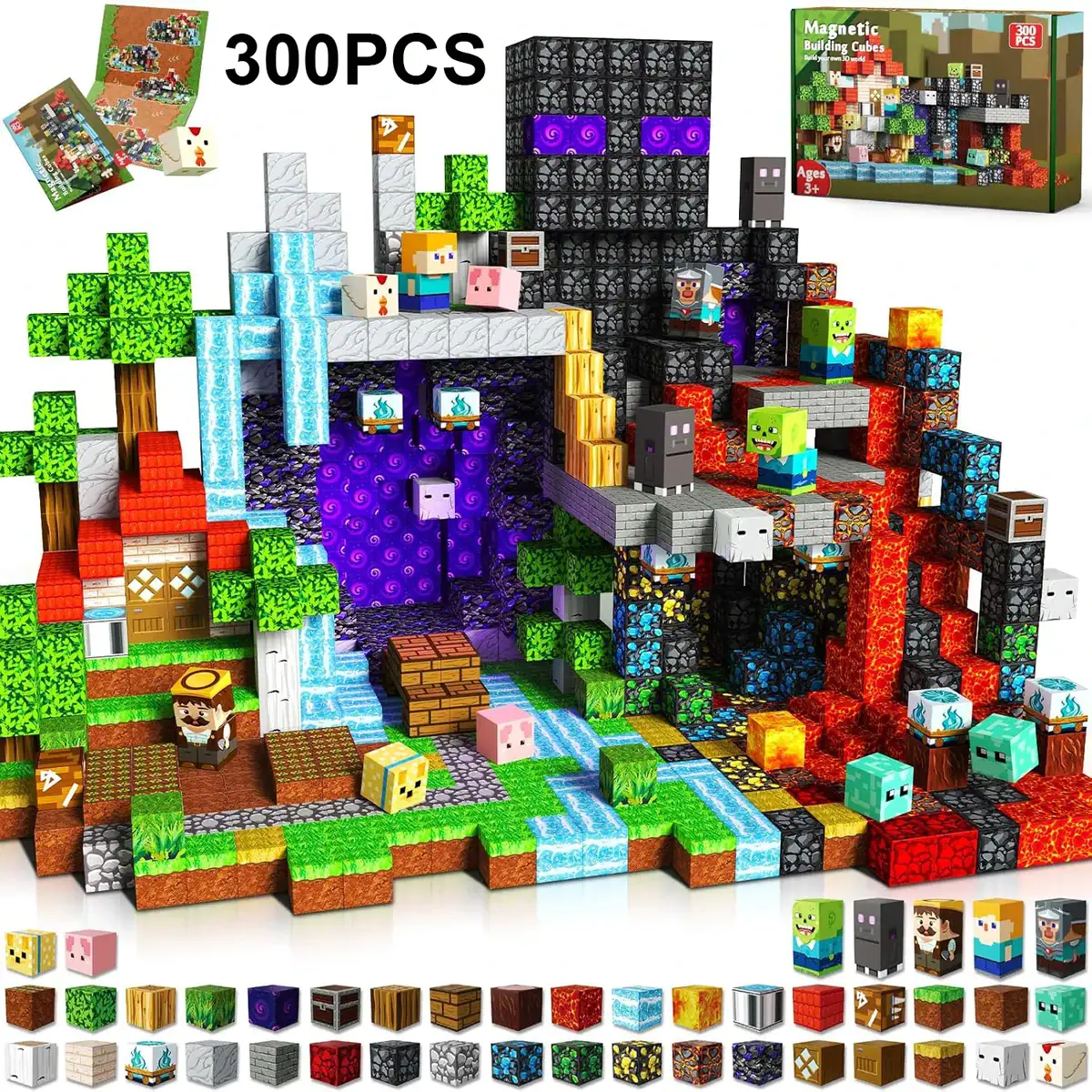 blocs-de-construction-magnetique-maxi-pack-300-pieces-1 Puzzle de blocs Minecraft avec personnages et éléments de décoration.