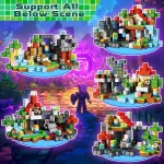 Vitrine présentant des créations en blocs lumineux et colorés, inspirées de thèmes scientifiques et fantastiques, parfaites pour la décoration ou la collection.