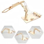 Bras robotique en bois pour expérience scientifique et décoration de bureau.