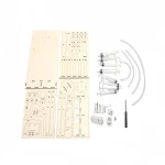 Kit de pièces en bois pour construction de robot avec moteurs, antennes et outils, idéal pour projets éducatifs et DIY en science et technologie.