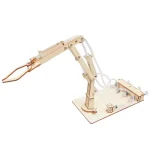 Pince robotique en bois, idéale pour expériences scientifiques et projets éducatifs, avec bras articulé et base solide pour démonstrations en laboratoire ou à la maison.