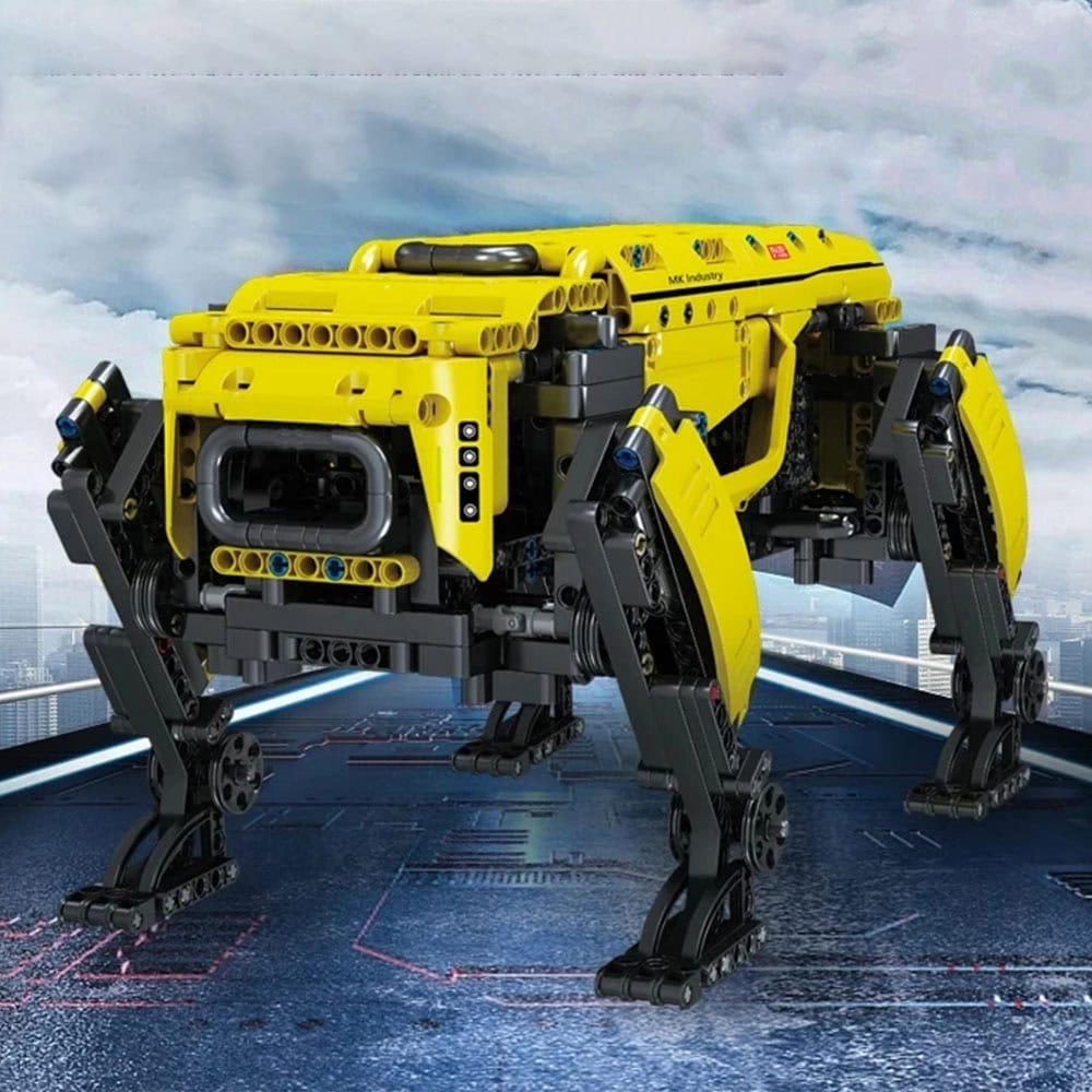 chien-robot-pour-adulte-1 Véhicule robot LEGO en jaune avec quatre pattes articulées, conçu pour la science et la technologie. Parfait pour la décoration ou l'apprentissage scientifique.