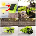 Panneau solaire avec lampe halogène et robot de jardinage en forme de dinosaure, tous deux alimentés par énergie solaire, dans un environnement extérieur ensoleillé.