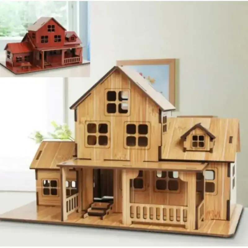 jeu-construction-bois-maison-1 Maison miniature en bois avec plusieurs niveaux et fenêtres, idéale pour décoration intérieure ou collection d'objets scientifiques.