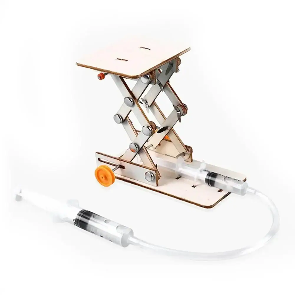 jeu-de-mecanique-hydraulique-enfant-ascenseur-1 Basculeur de laboratoire en bois avec seringue et tube pour expériences scientifiques.