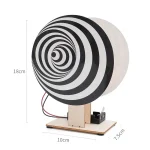 Disque en spirale noir et blanc avec support en bois, parfait pour décoration scientifique ou éducative. Dimensions : 18cm de haut, 10cm de large, 7.5cm de profondeur.