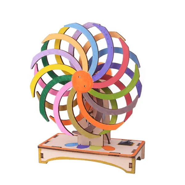 Modèle de roue de Newton en bois peint en couleurs vives, illustrant le principe de la conservation de l'énergie par mouvement rotatif.