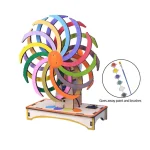 Roue de couleurs en bois pour activités artistiques et éducatives, accompagnée de pinceaux et de peinture pour créer des œuvres colorées.