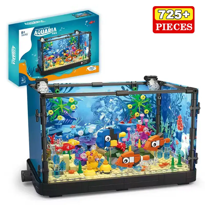 jouet-aquarium-de-construction-1 Vitrine aquarium en blocs de construction pour enfants, avec plus de 725 pièces, permettant de créer un environnement marin coloré et éducatif, idéal pour les amateurs de sciences et de décorati.
