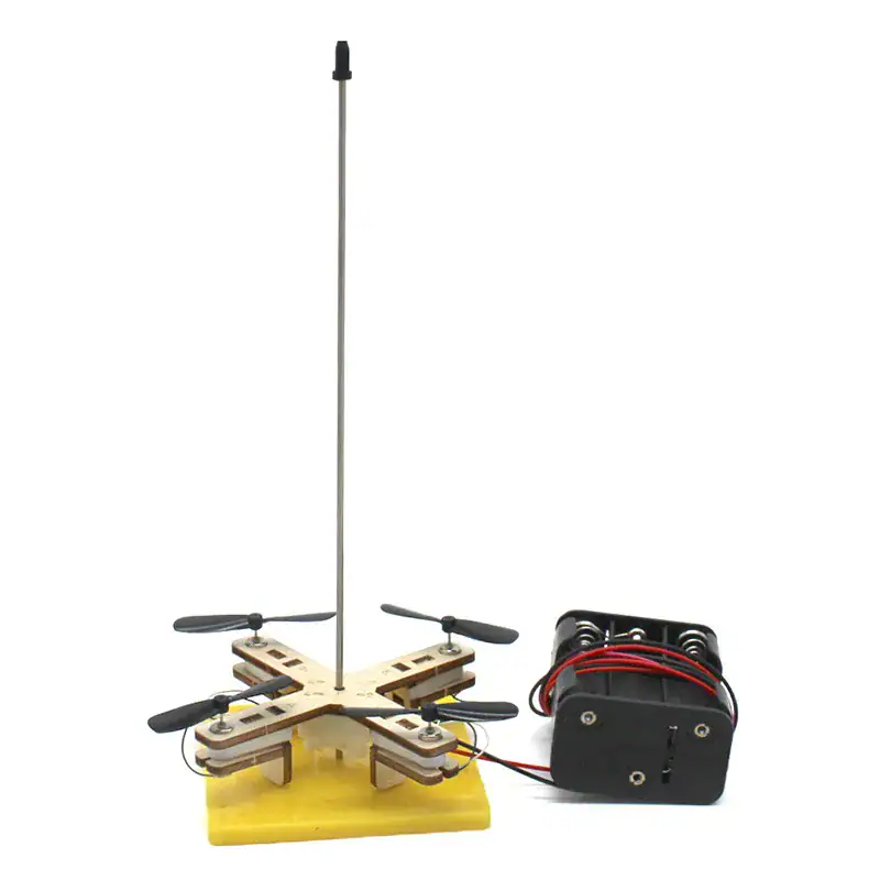 kit-drone-diy-1 Pupitre d'expérience scientifique avec moteur électrique, bras articulé et base en bois, idéal pour les expériences éducatives en physique et sciences.