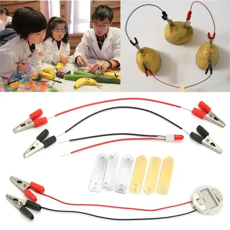 kit-experience-horloge-patate-1 Kit d'expériences scientifiques pour étudiants, comprenant câbles, pinces et composants pour expériences électriques et chimiques.
