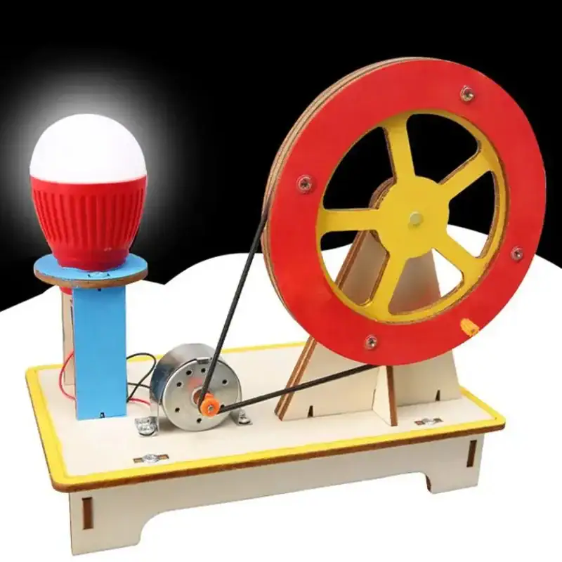 kit-experience-physique-generateur-delectricite-1 Périphrase d'une machine à vapeur éducative avec roue, bobine et ampoule, conçue pour l'apprentissage scientifique et la décoration.