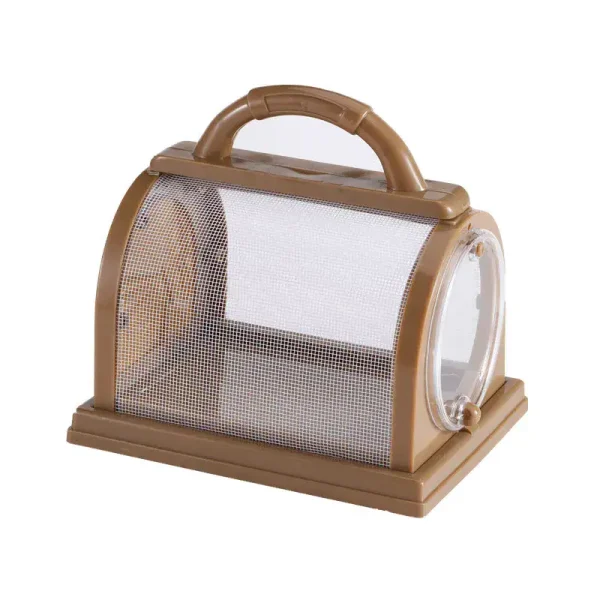 Lanterne de laboratoire en plastique beige avec fenêtre en verre et poignée, idéale pour l'observation d'insectes ou petits animaux dans un environnement scientifique.