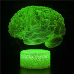 Représentation d'un cerveau en néon vert lumineux avec un socle lumineux, illustrant un objet scientifique décoratif moderne et innovant.