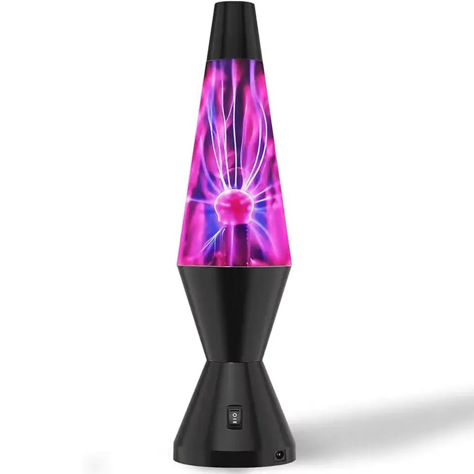 lampe-plasma-fusee-1 Lampe plasma en forme de fusée avec éclairs lumineux violets et roses.