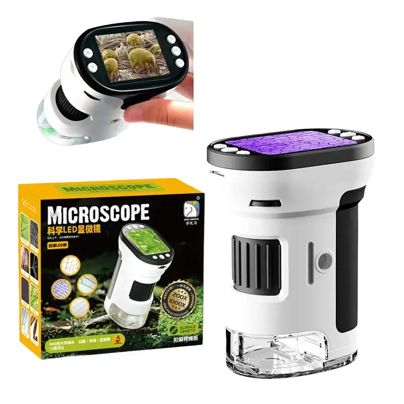 microscope-digital-portable-1 Appareil photo numérique de microscope avec écran intégré pour observation scientifique.