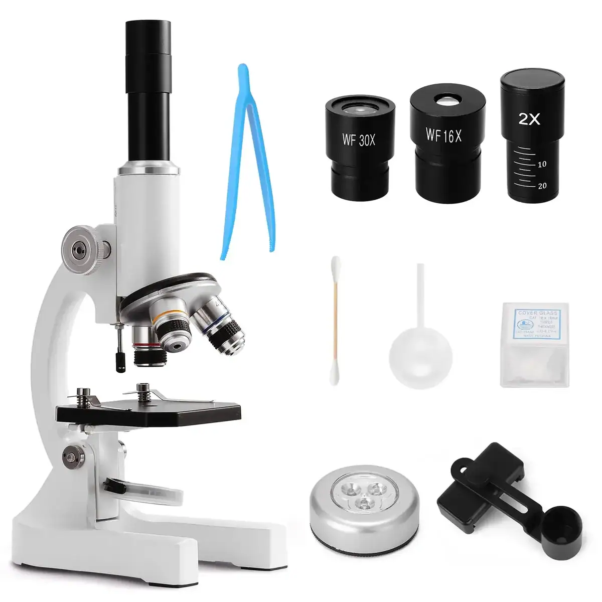 microscope-pour-scientifique-debutant-1 Microscope scientifique avec objectifs, pince, coton-tige, et accessoires pour expériences. Parfait pour la recherche, l'éducation et la décoration scientifique.