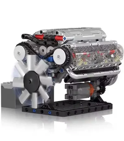 Modèle LEGO de moteur scientifique avec pièces détaillées, incluant un ventilateur, pistons et composants mécaniques, illustrant la technologie et la mécanique.