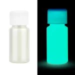 Bouteille de laboratoire phosphorescente blanche, visible en lumière normale et qui brille dans l'obscurité, idéale pour la décoration scientifique ou pour des expériences lumineuses.