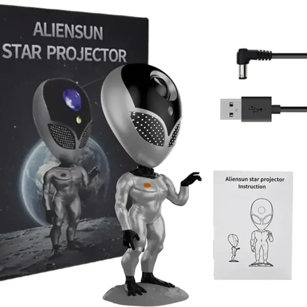 Projecteur d'étoiles AlienSun avec figurine d'extraterrestre, câble USB et télécommande, idéal pour décoration scientifique et ambiance cosmique.
