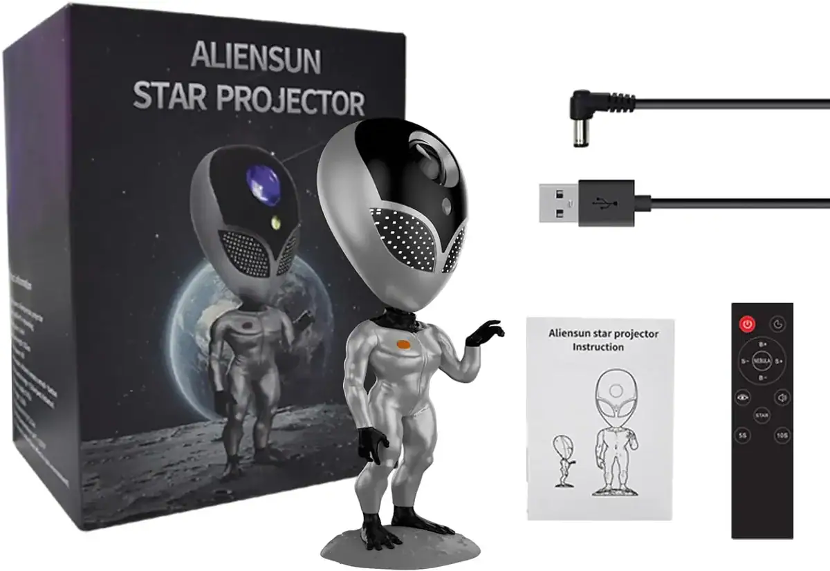 projecteur-galaxie-alien-1 Projecteur d'étoiles AlienSun avec figurine d'extraterrestre, câble USB et télécommande, idéal pour décoration scientifique et ambiance cosmique.