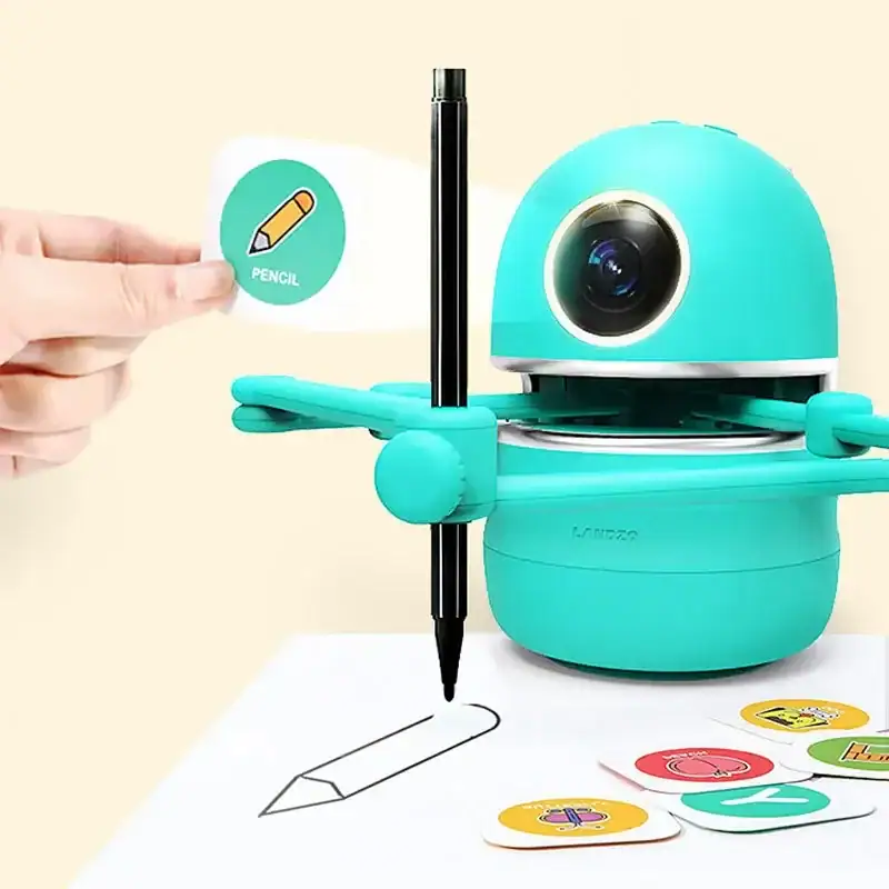 robot-qui-dessine-1 Robot éducatif en forme de pinceau avec caméra, conçu pour encourager l'apprentissage créatif et interactif chez les enfants, intégrant des activités de dessin et de reconnaissance.