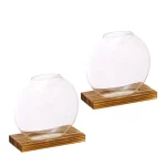 Vase en verre transparent posé sur un socle en bois, idéal pour la décoration scientifique ou moderne.
