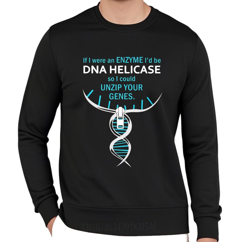 pull-adn-1 T-shirt avec motif ADN et message humoristique sur la dénaturation génétique.