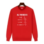 Sweatshirt rouge avec citations et formules mathématiques, parfait pour les amateurs de science et de mathématiques, idéal pour une décoration originale ou un cadeau éducatif.