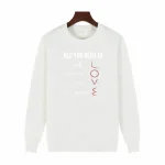 Sweatshirt blanc avec motifs mathématiques et texte "All you need is love" en rouge, parfait pour les amateurs de sciences et mathématiques.