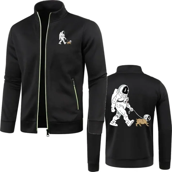 Veste homme noire avec motif d'astronaute marchant un chien, style décontracté et tendance, idéale pour les amateurs de science et d'astronomie.