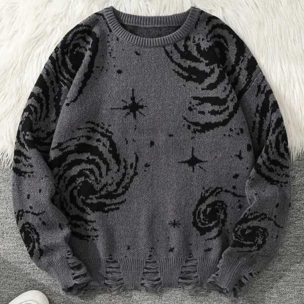 Pull gris avec motifs d'astres, galaxies et étoiles, parfait pour une décoration scientifique ou un look inspiré de l'univers. Confortable et tendance, idéal pour les amateurs d'astronomie.