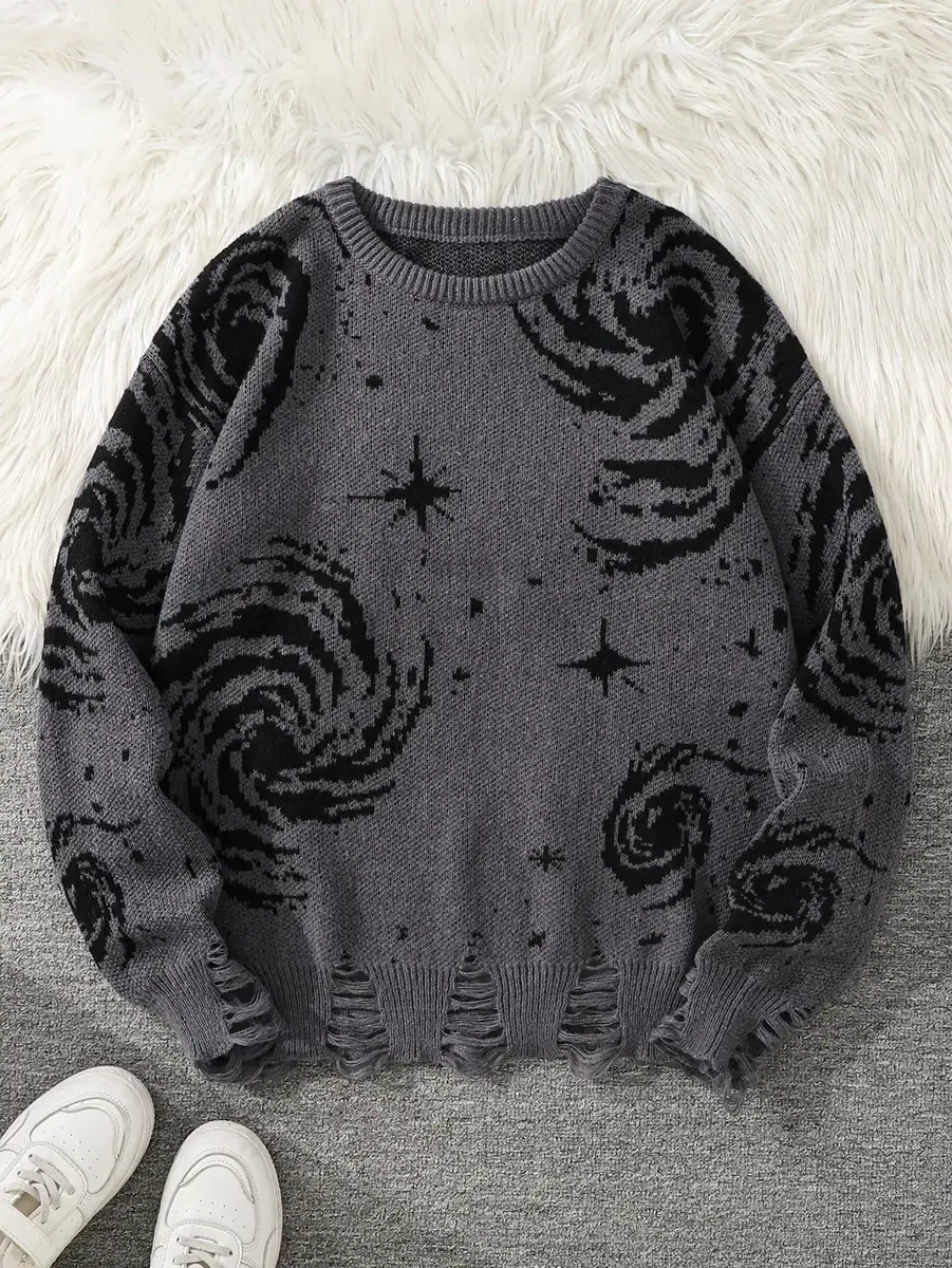 pull-ciel-etoile-1 Pull gris avec motifs d'astres, galaxies et étoiles, parfait pour une décoration scientifique ou un look inspiré de l'univers. Confortable et tendance, idéal pour les amateurs d'astronomie.