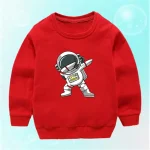 Sweatshirt rouge pour enfant avec un motif d'astronaute en style cartoon, parfait pour les amateurs d'espace et de science-fiction.