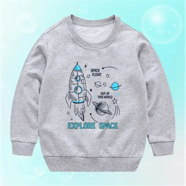 Sweat-shirt gris pour enfants avec illustration de fusée et planètes, idéal pour les amateurs d'espace et de science.