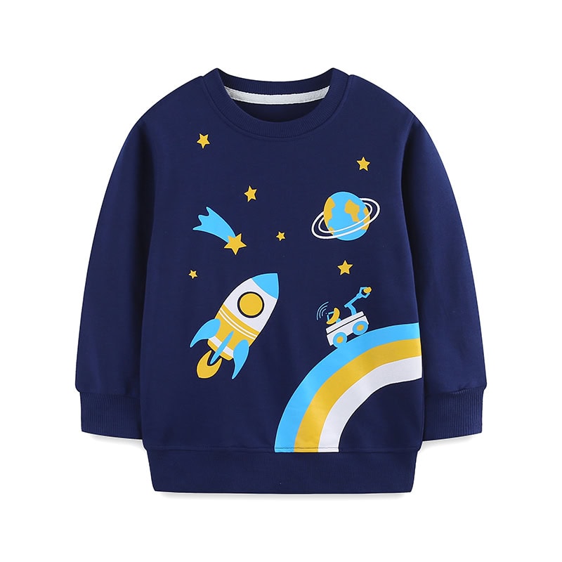 pull-enfant-motif-espace-1 Vêtement pour enfant avec motif spatial, fusée, planète et arc-en-ciel. Idéal pour les petits passionnés d'astronomie et d'exploration spatiale.