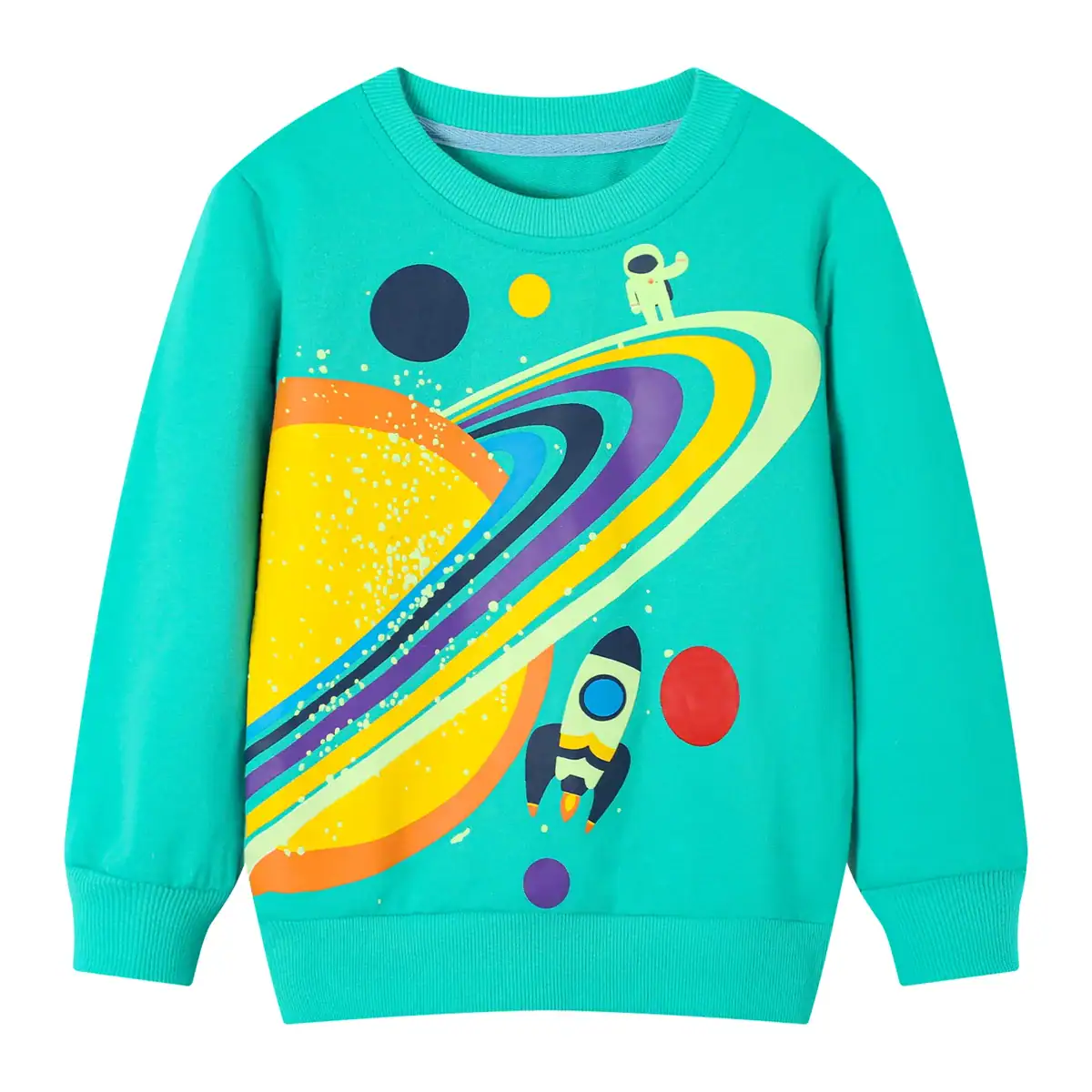 pull-enfant-saturne-1 Sweatshirt pour enfant avec design spatial, astronautes et planètes colorées sur fond turquoise, parfait pour les amateurs d'astronomie et de science.