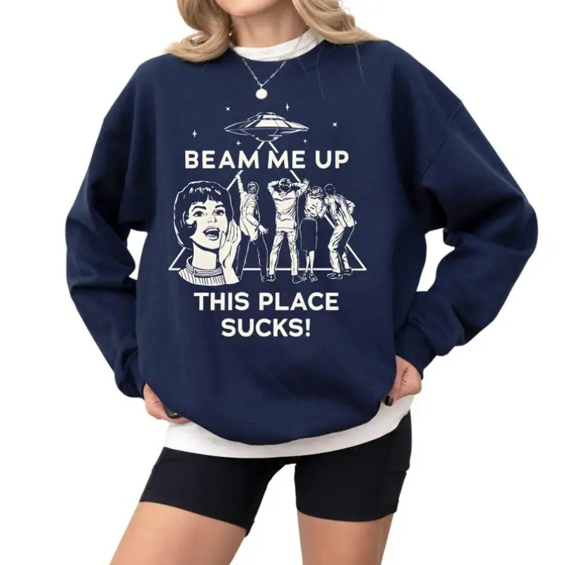 pull-espace-beam-me-up-1 Sweat-shirt avec design scientifique et message humoristique "Beam me up, this place sucks".