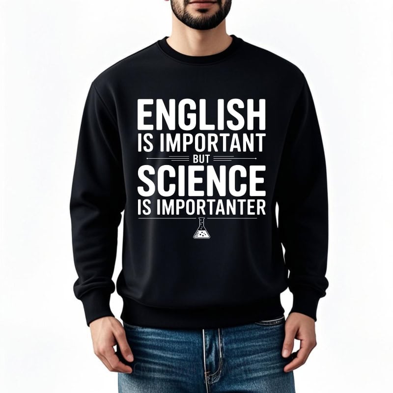 pull-science-humour-1 Sweatshirt noir avec message humoristique sur l'importance de la science par rapport à l'anglais, idéal pour les amateurs de sciences et d'humour.