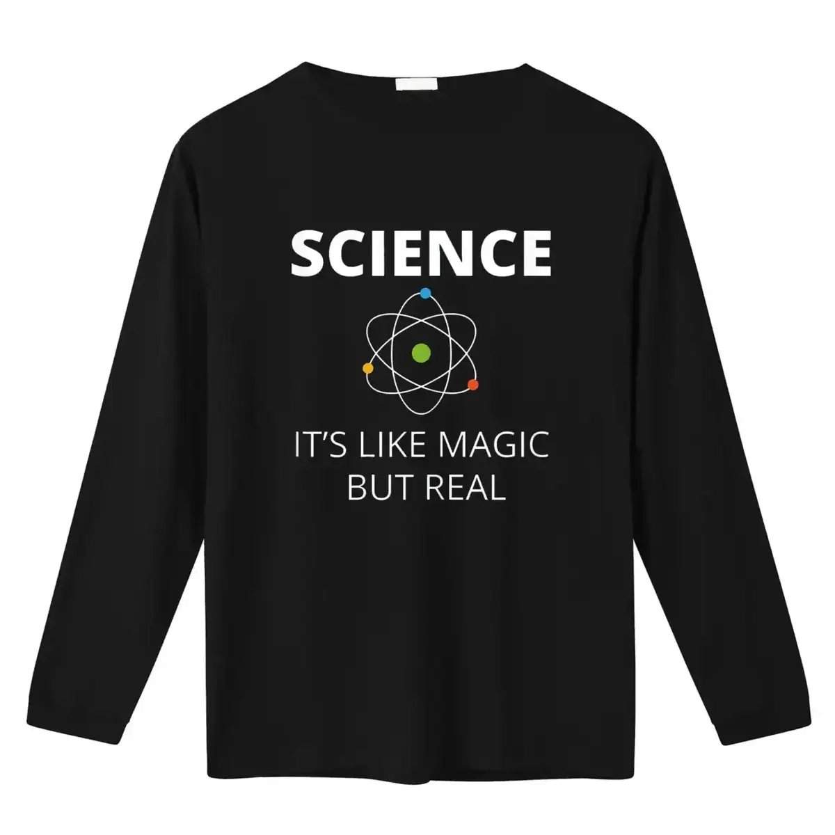 pull-science-magique-1 T-shirt noir avec motif atomique et texte "Science, c'est comme la magie mais en vrai" pour les amateurs de science et de décoration geek.