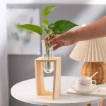 Vase en bois avec plante verte dans un laboratoire ou un espace de décoration moderne.
