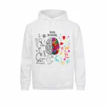Veste à capuche blanche avec illustration du cerveau, combinant éléments scientifiques et artistiques, idéale pour les passionnés de sciences et d'art.
