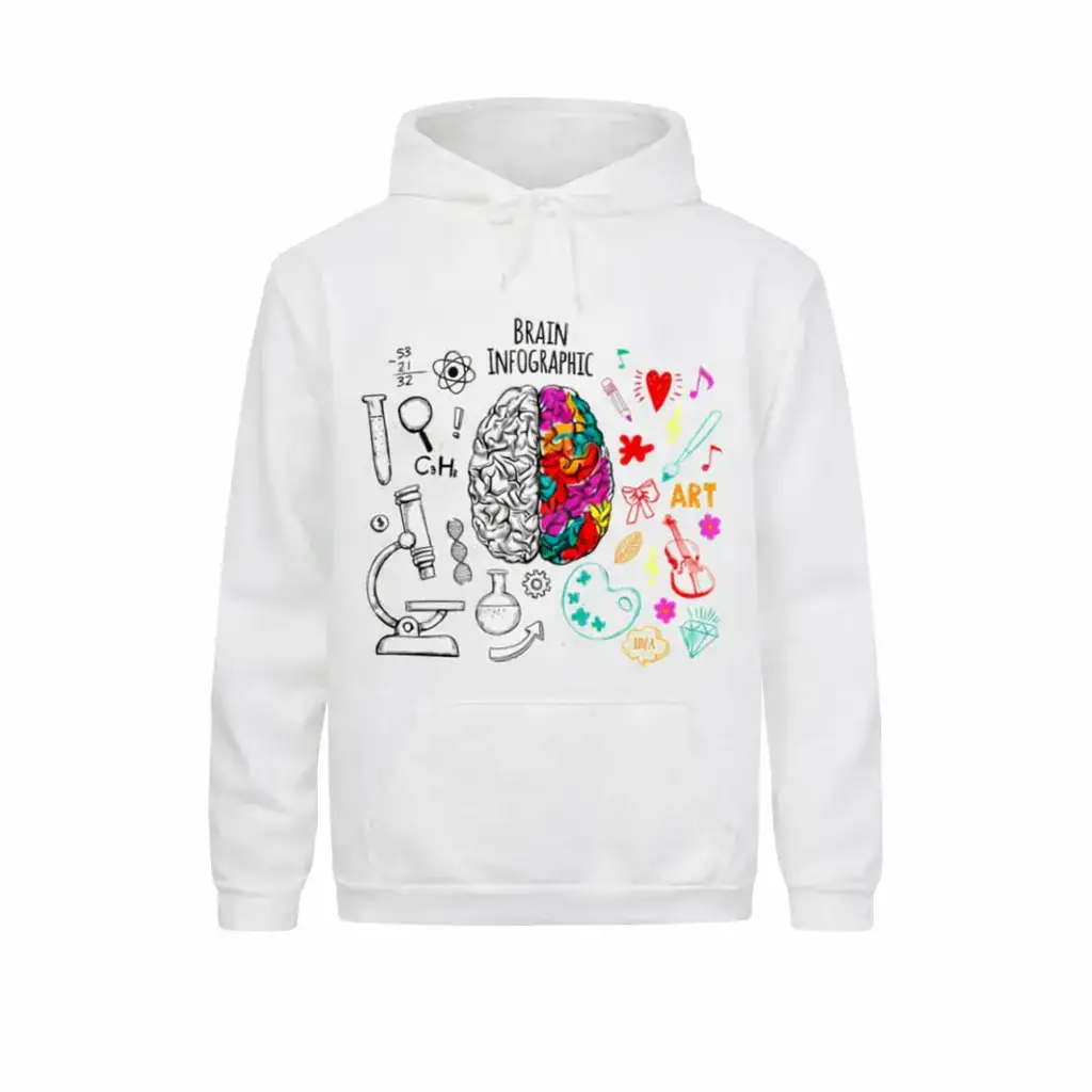 sweat-a-capuche-neurosciences-colore-1 Veste à capuche blanche avec illustration du cerveau, combinant éléments scientifiques et artistiques, idéale pour les passionnés de sciences et d'art.