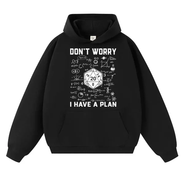 Vêtement hoodie noir avec design scientifique et message "Don't Worry, I Have a Plan" illustré par des formules et diagrammes mathématiques.