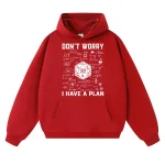 Pull à capuche rouge avec graphique scientifique et texte humoristique.