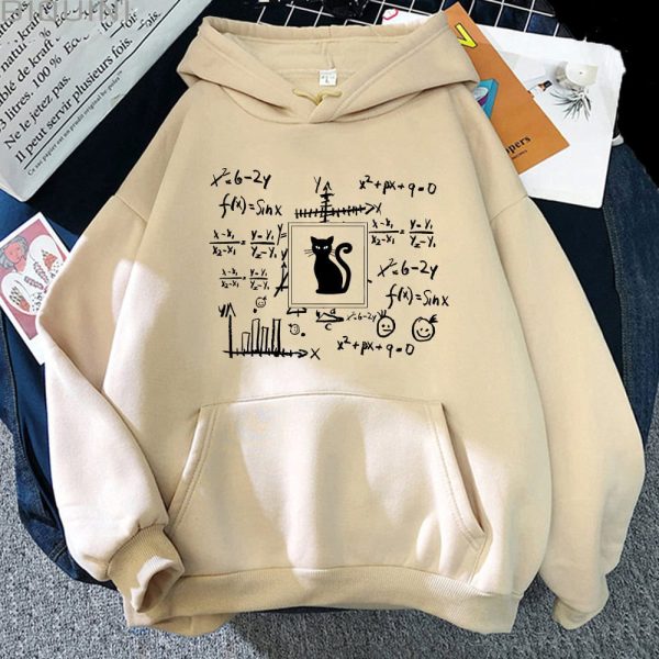 Vêtement à capuche avec design de formules mathématiques et symbole de chat noir.