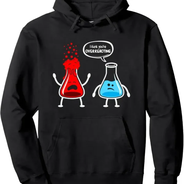 Polaire humoristique représentant deux molécules de liquide, l'une rouge et l'autre bleue, avec un dialogue amusant sur la suractivité.