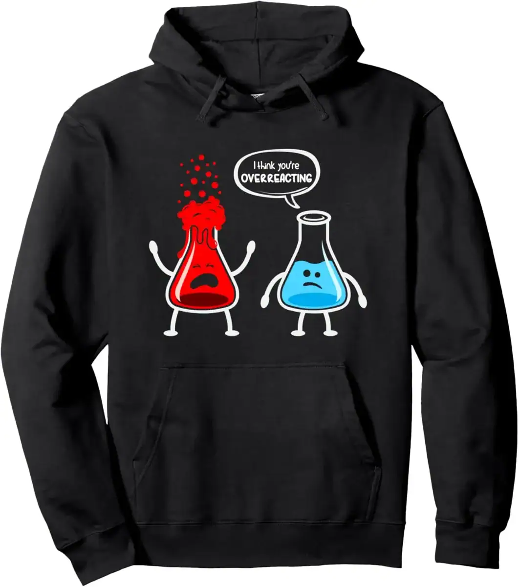 sweat-chimie-humour-1 Polaire humoristique représentant deux molécules de liquide, l'une rouge et l'autre bleue, avec un dialogue amusant sur la suractivité.