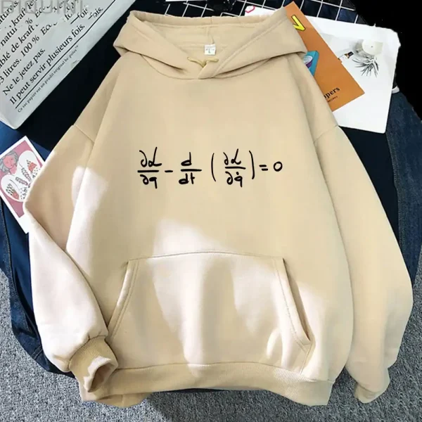 Sweat à capuche beige avec une équation mathématique en dérivées affichée en noir au centre, idéal pour les amateurs de sciences et de mathématiques.